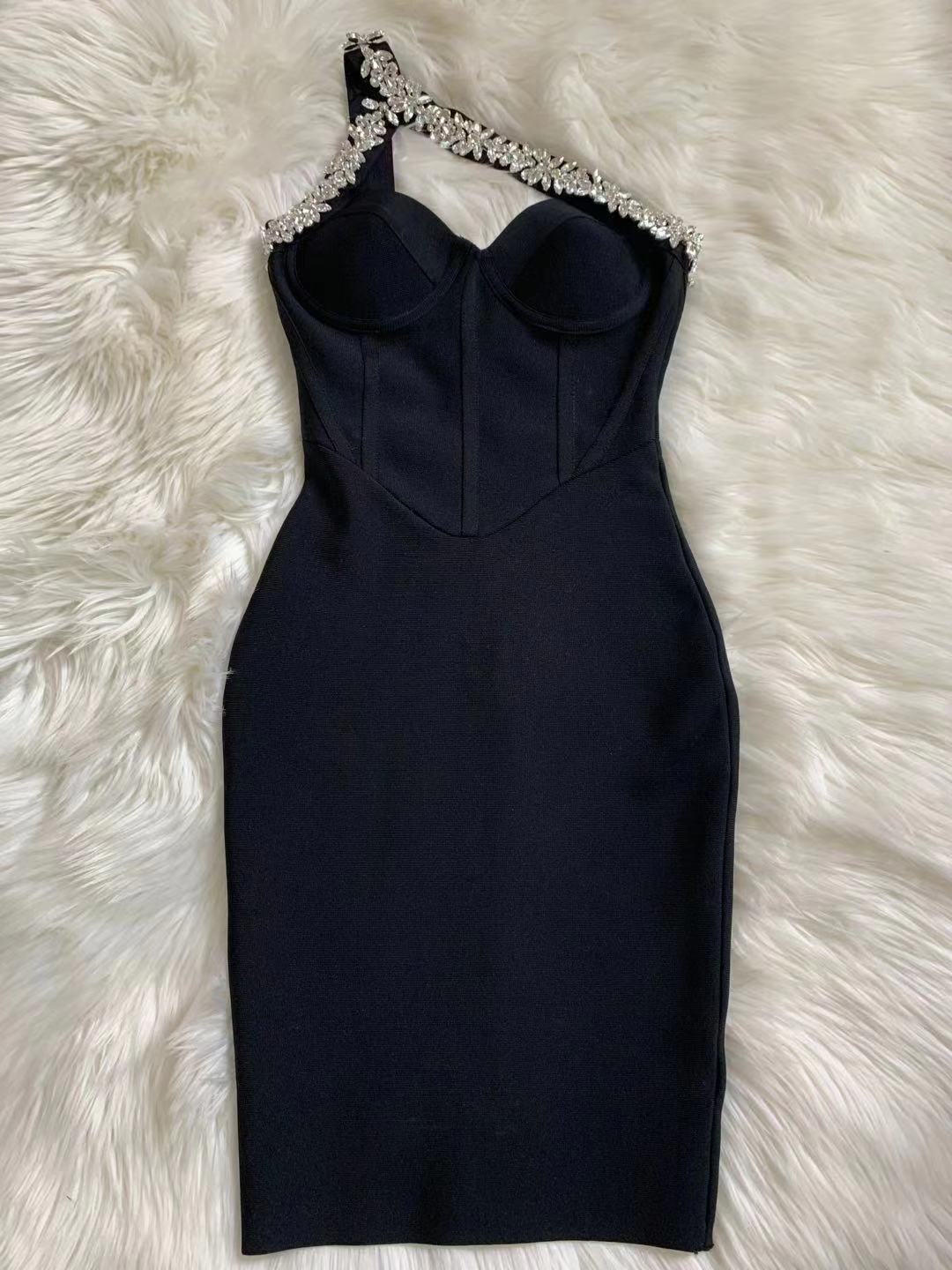 HUBERTA ONE SHOULDER SLEEVELESS RHINESTONE MINI BANDAGE DRESS