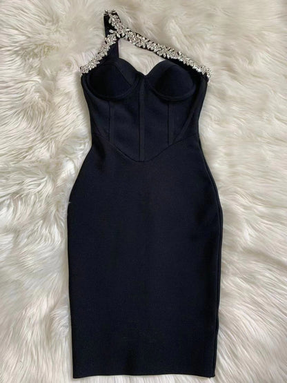 HUBERTA ONE SHOULDER SLEEVELESS RHINESTONE MINI BANDAGE DRESS
