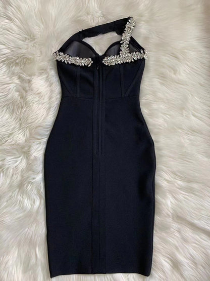 HUBERTA ONE SHOULDER SLEEVELESS RHINESTONE MINI BANDAGE DRESS