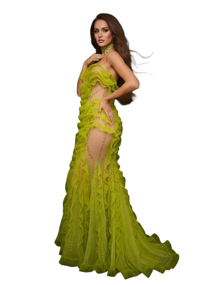 HAZE Neon Lime Mermaid Gown with Ruffles -Couture Evening Dress