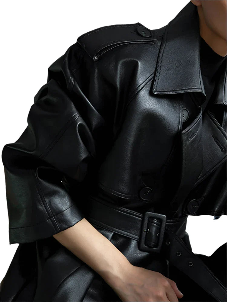 Women's Oversized Leather Trench Coat with Belt | Extra Long Leather Coat