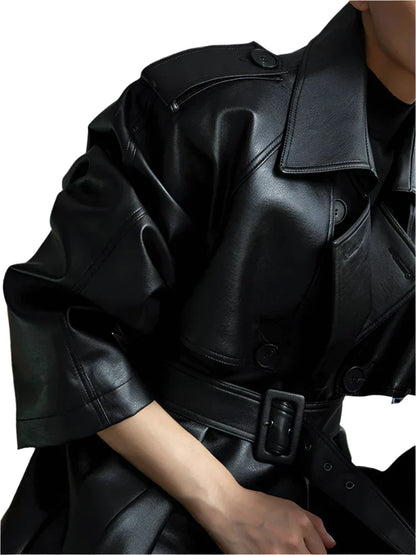 Women's Oversized Leather Trench Coat with Belt | Extra Long Leather Coat