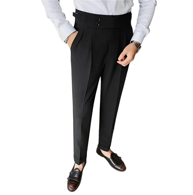 Men Vintage Pencil Pants | High Waisted Suit Pant | Slim Fit Pants with Buttons | Business Casual Straight Trousers