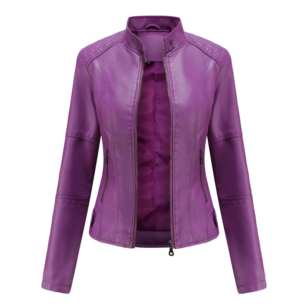 Women Leather Jacket | Stand-up Collar Motor Biker Jacket Violet