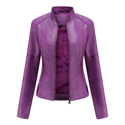 Women Leather Jacket | Stand-up Collar Motor Biker Jacket Violet