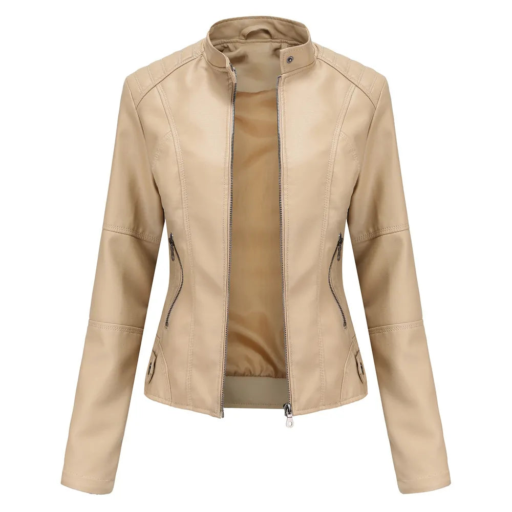 Women Leather Jacket | Stand-up Collar Motor Biker Jacket Apricot