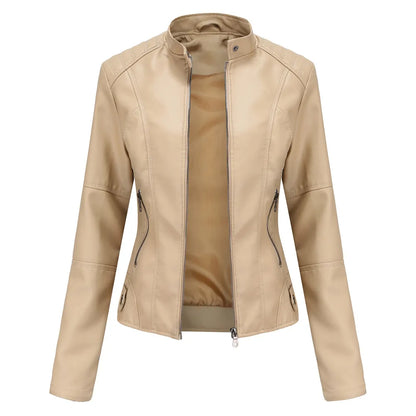 Women Leather Jacket | Stand-up Collar Motor Biker Jacket Apricot