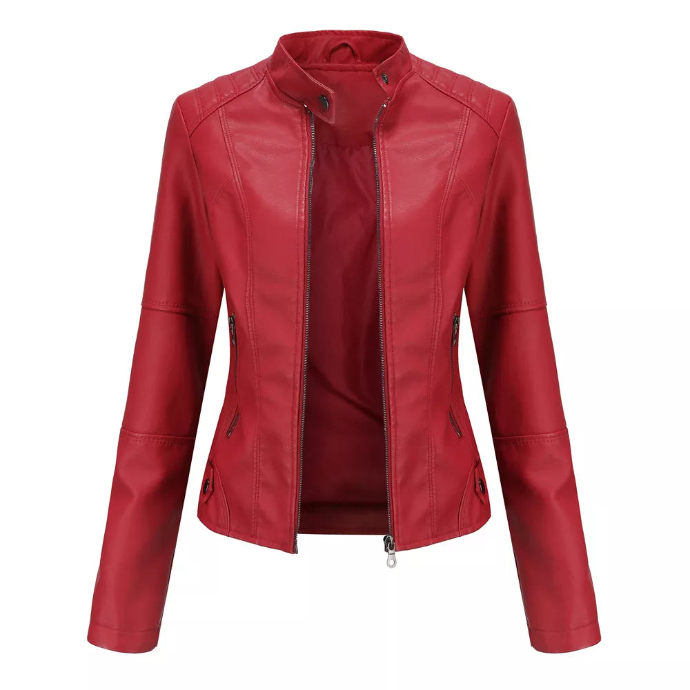 Women Leather Jacket | Stand-up Collar Motor Biker Jacket Wine red