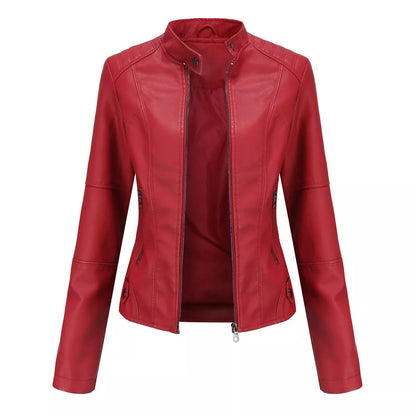Women Leather Jacket | Stand-up Collar Motor Biker Jacket Wine red