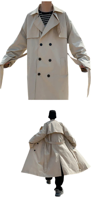 Trench Coat Male Streetwear | Business Casual Loose Long Overcoat | Windbreaker Trench Coat Beige