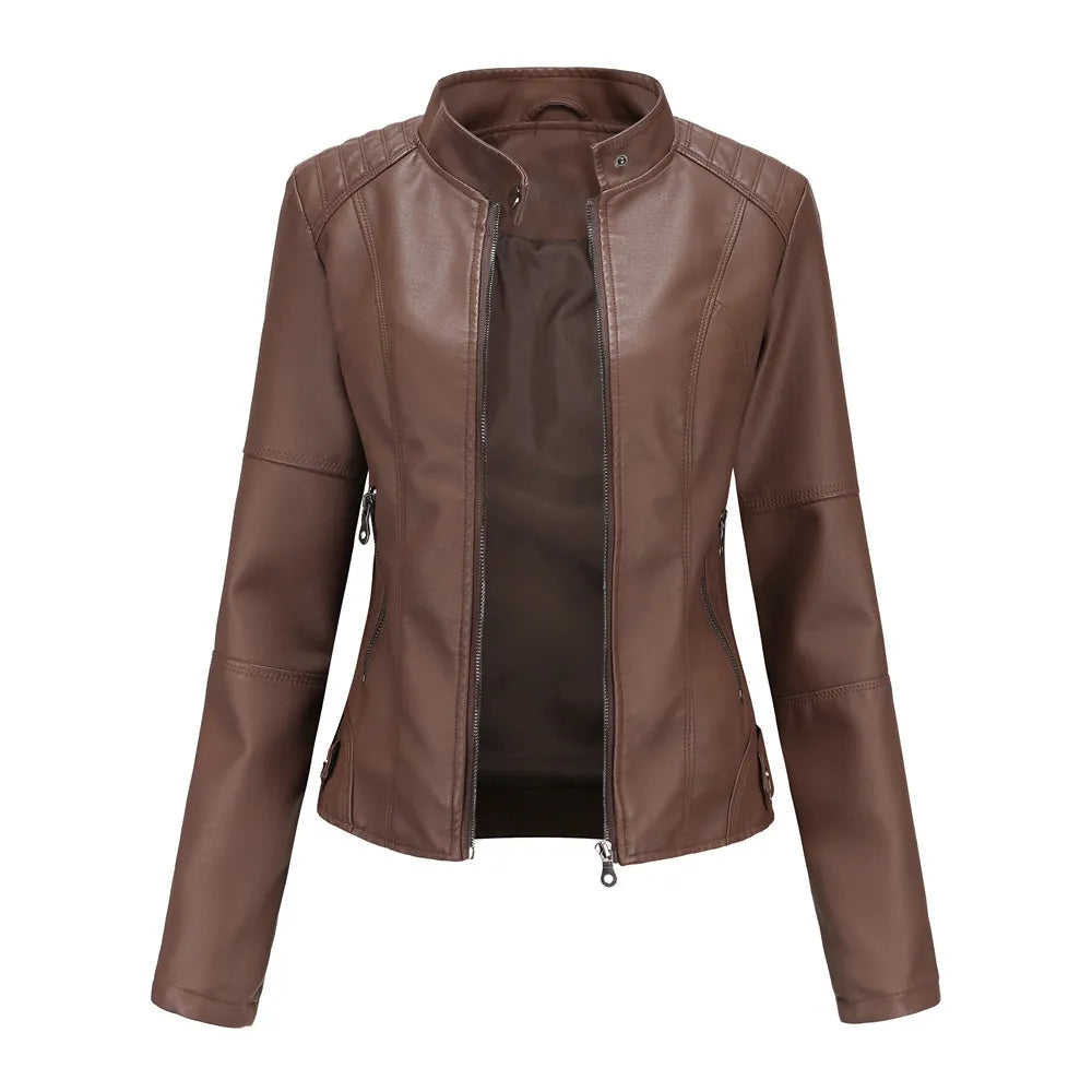 Women Leather Jacket | Stand-up Collar Motor Biker Jacket Coffee