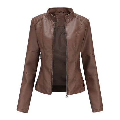 Women Leather Jacket | Stand-up Collar Motor Biker Jacket Coffee