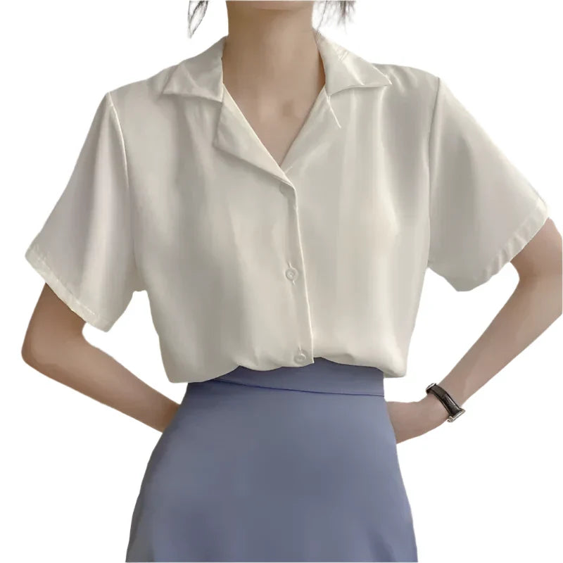 Women Short Sleeves Button Up Blouse | Solid V-Neck Chic Shirt White