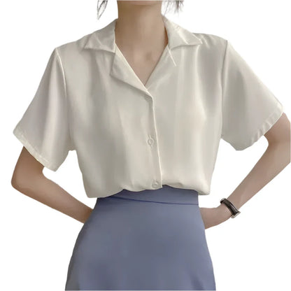 Women Short Sleeves Button Up Blouse | Solid V-Neck Chic Shirt White