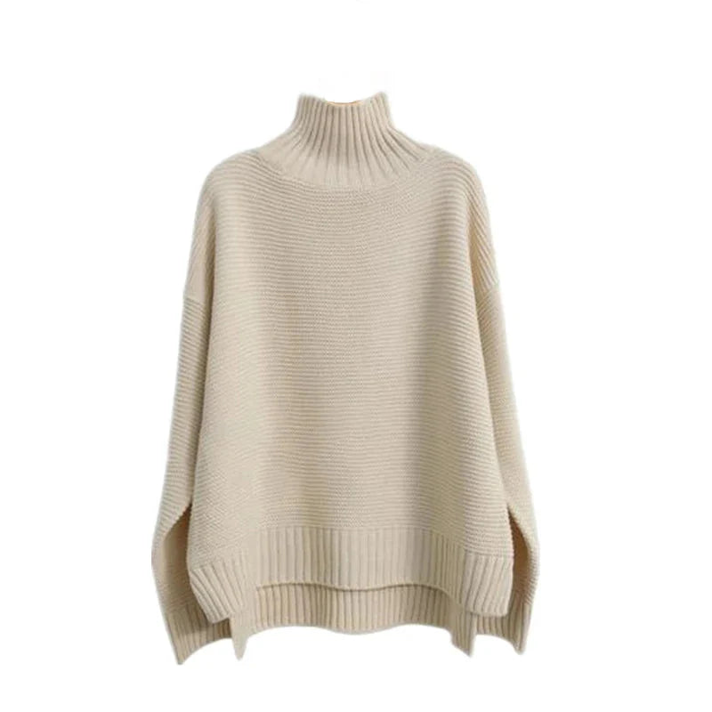 Women Cashmere Sweater | High Neck Thick Wool Pullover Beige