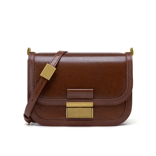 Women Vintage Genuine Leather Flap Bag brown