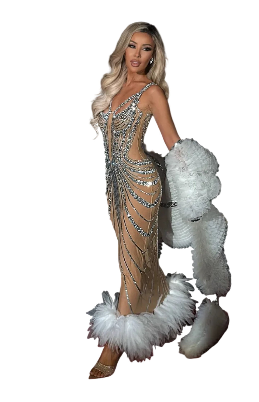 FREYA Crystal Chain Feather Trim Couture Gown