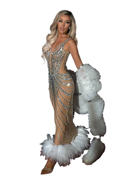 FREYA Crystal Chain Feather Trim Couture Gown