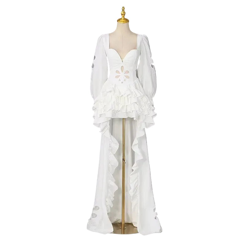 AIKO White Floral Cutout Corset High-Low Ruffle Gown with Puff Sleeves