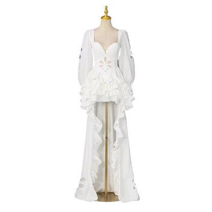 AIKO White Floral Cutout Corset High-Low Ruffle Gown with Puff Sleeves
