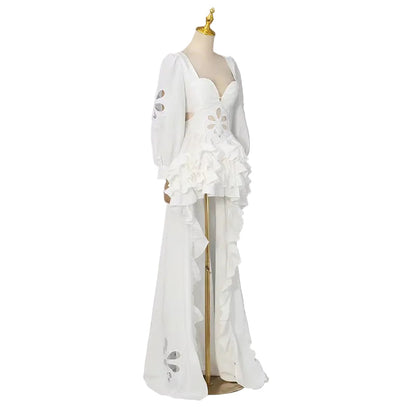 AIKO White Floral Cutout Corset High-Low Ruffle Gown with Puff Sleeves