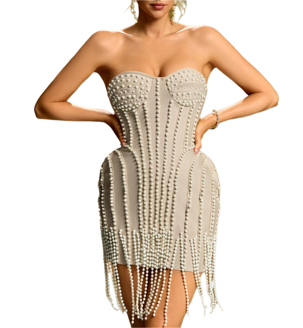 DALILA Strapless Pearl Tassels Mini Bandage Dress