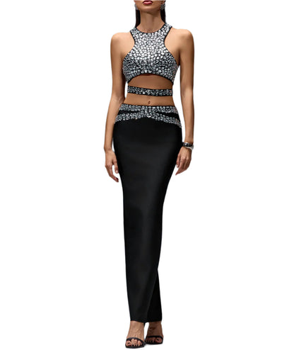 AMBRA Rhinestone Top & Bandage Maxi Skirt Set