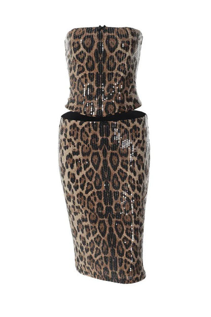 ISOLOINE Leopard Sequin Two Piece Set | Strapless Corset & Midi Skirt