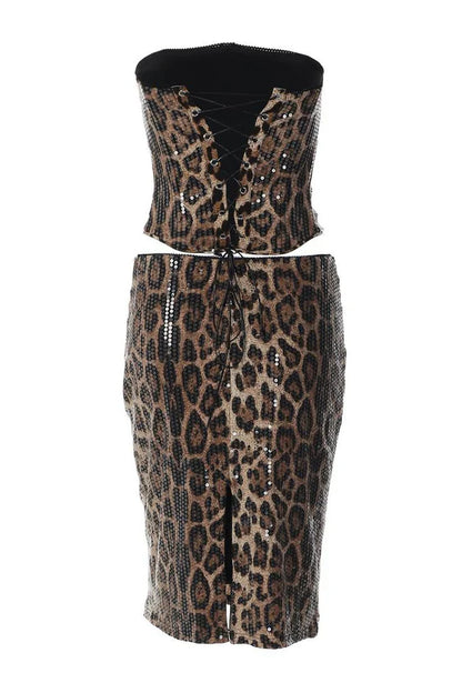 ISOLOINE Leopard Sequin Two Piece Set | Strapless Corset & Midi Skirt