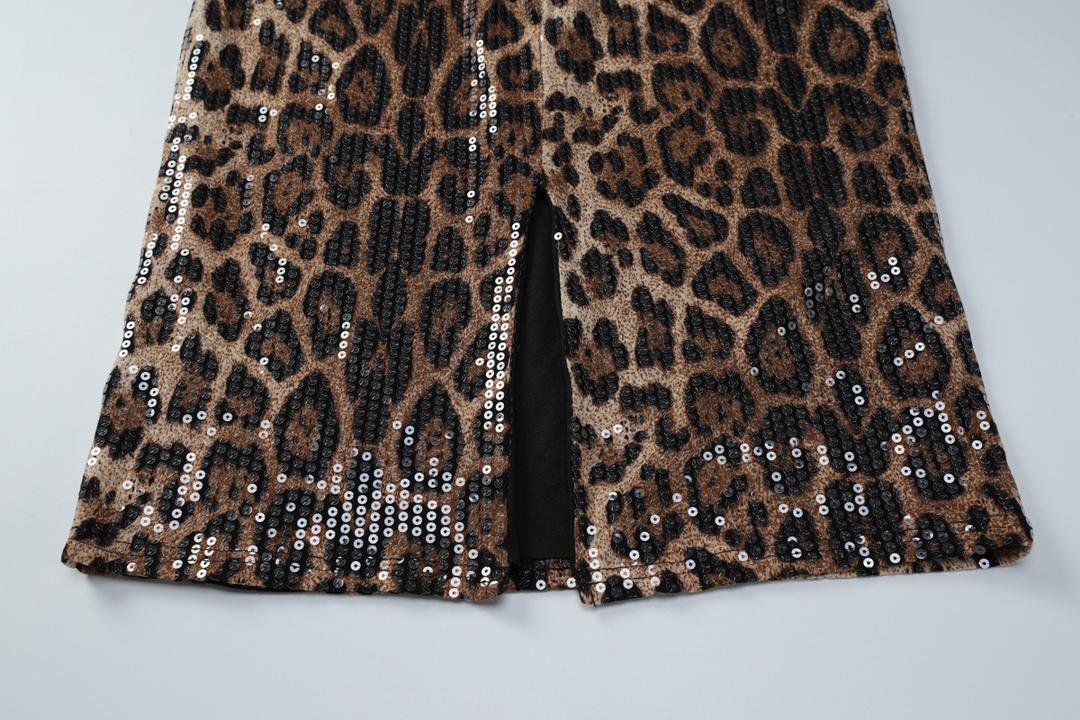 ISOLOINE Leopard Sequin Two Piece Set | Strapless Corset & Midi Skirt