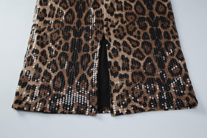 ISOLOINE Leopard Sequin Two Piece Set | Strapless Corset & Midi Skirt