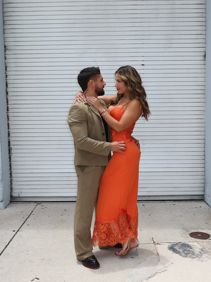 WANIA Orange Satin Lace Midi Dress | Elegant Slip Dress