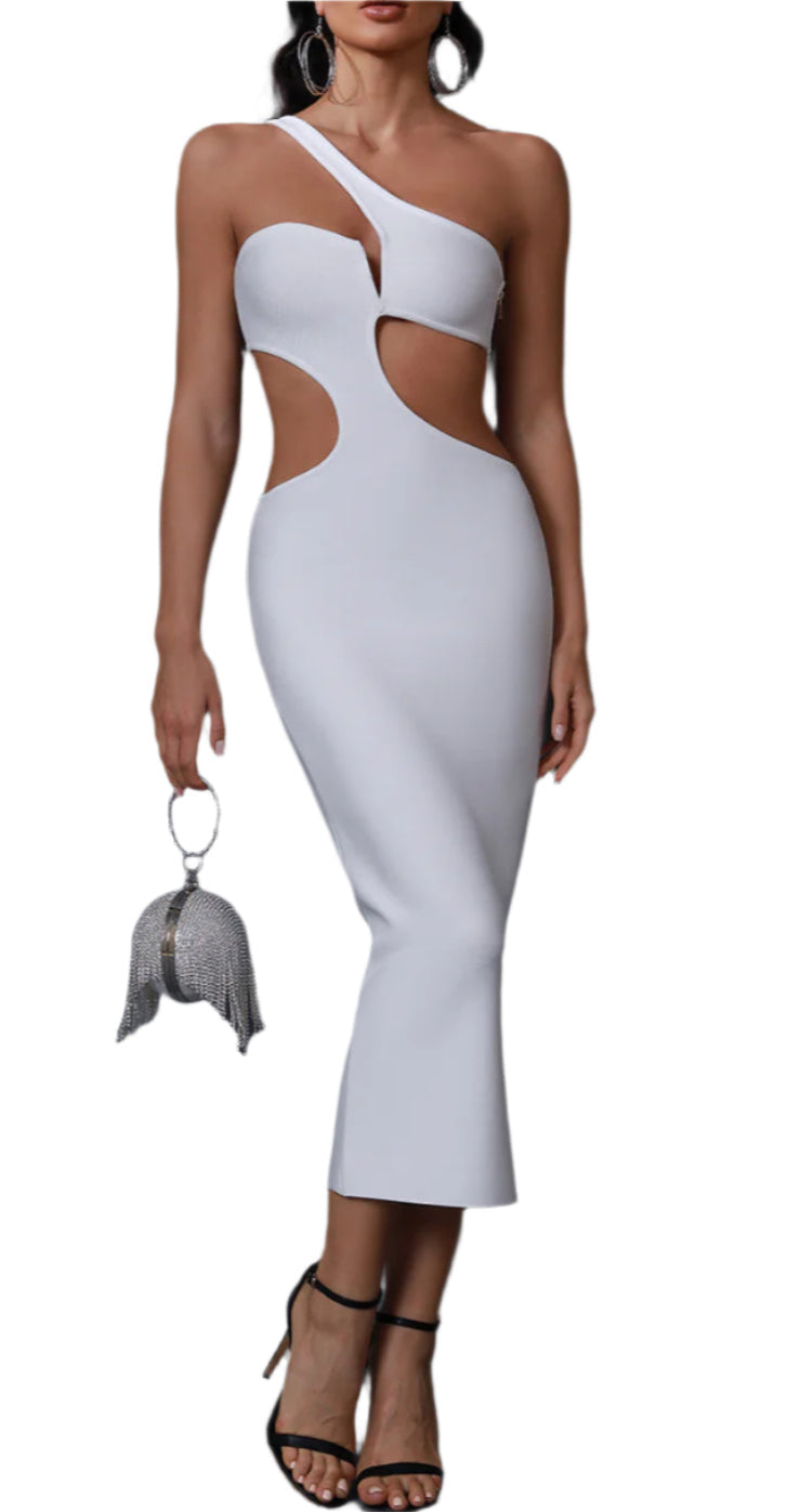 KARLIN One Shoulder Cutout Midi Bandage Dress WHITE
