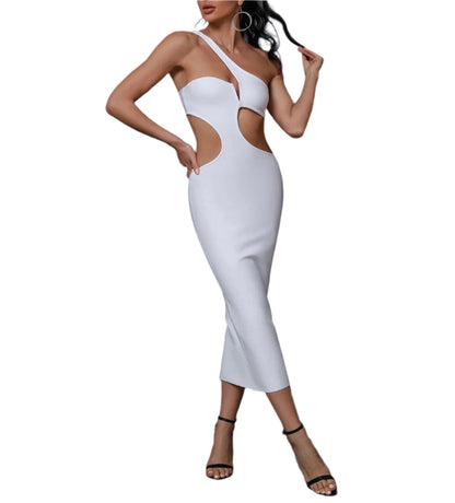 KARLIN One Shoulder Cutout Midi Bandage Dress