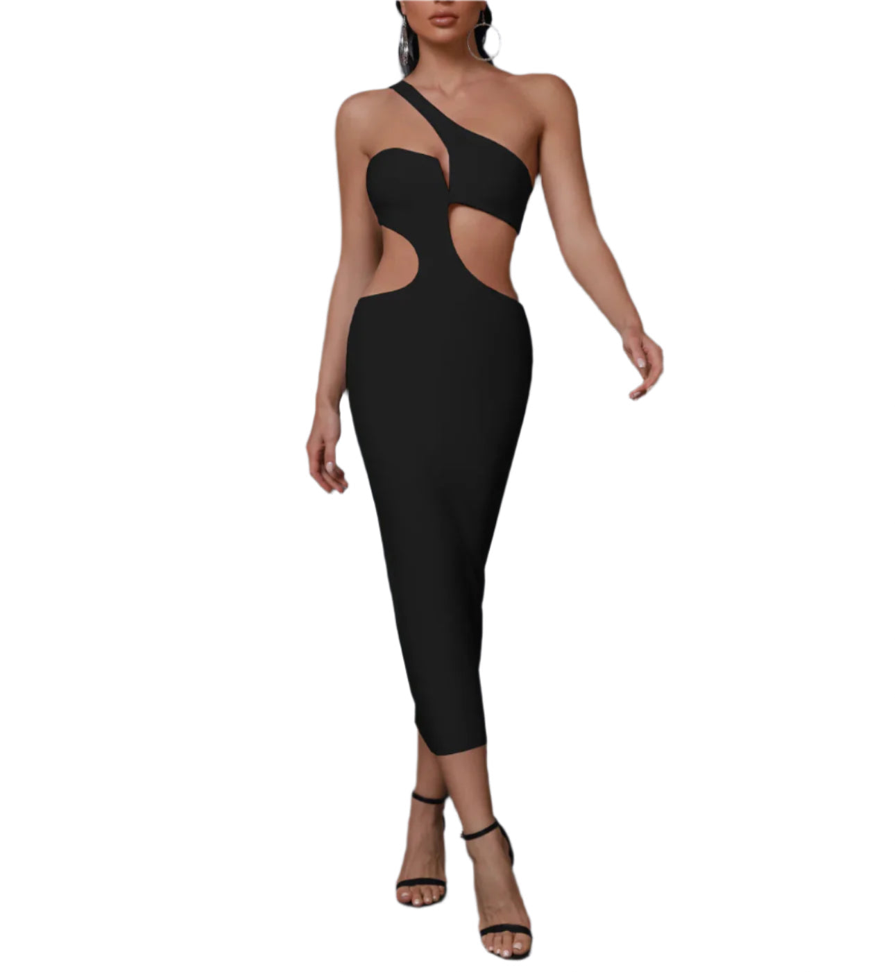 KARLIN One Shoulder Cutout Midi Bandage Dress BLACK