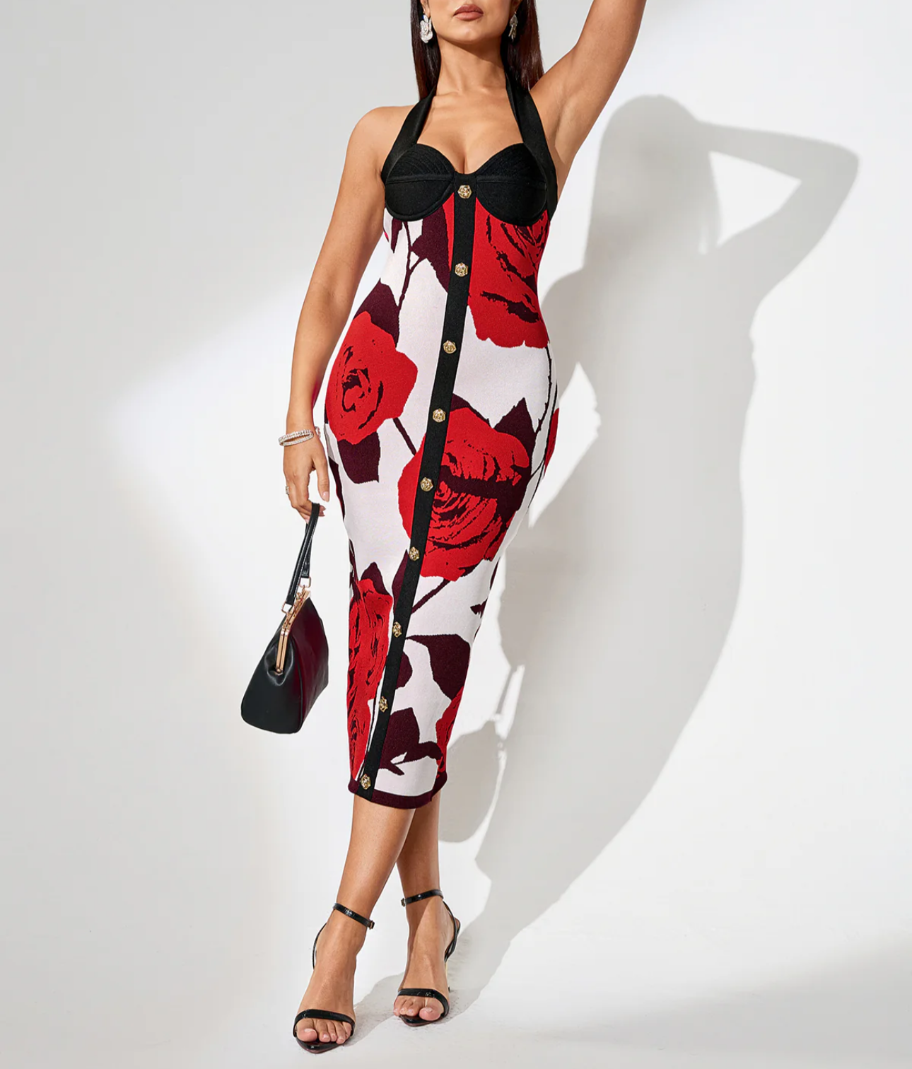 KALA Button Front Floral Bandage Dress