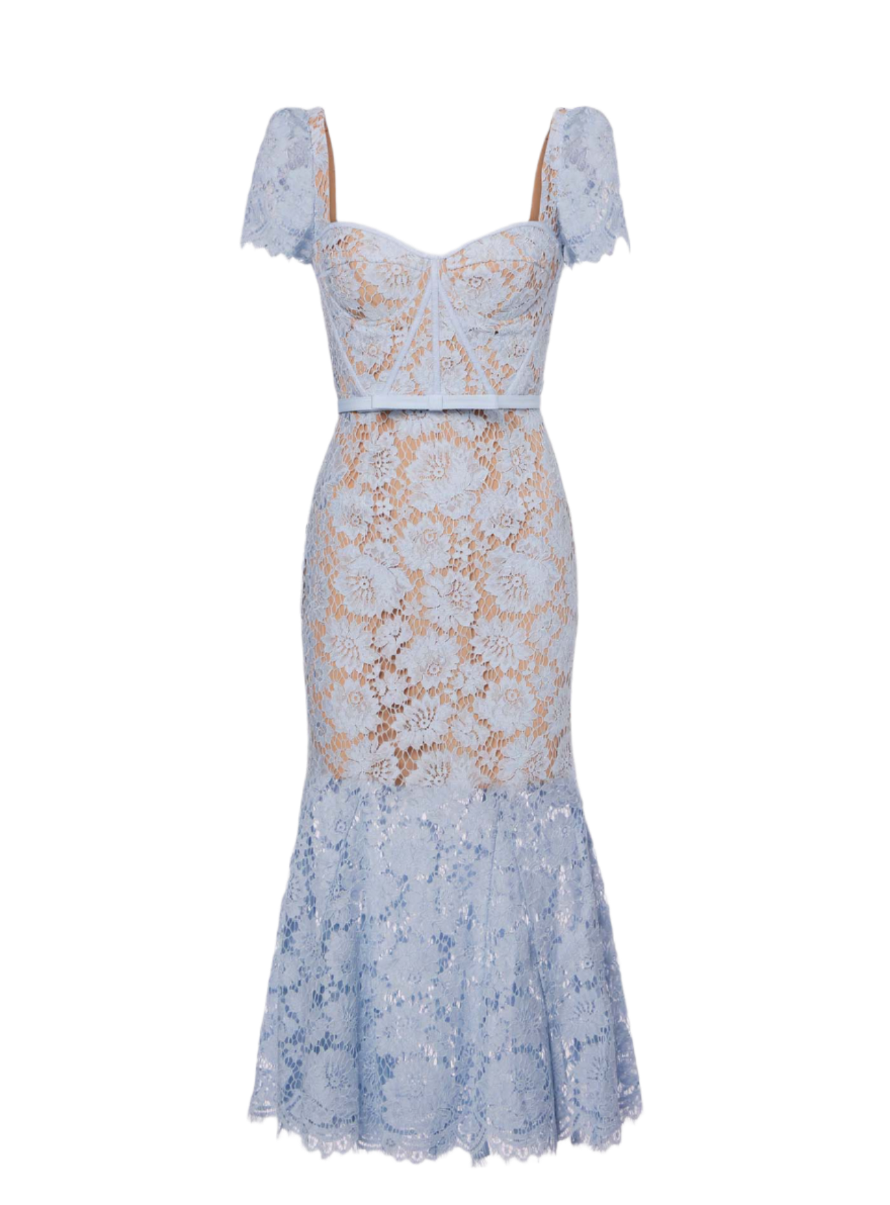 NATASHA SHORT SLEEVED LACE DRESS WITH DELICATE MATCHING WAIST BELT BLUE