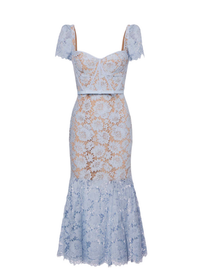NATASHA SHORT SLEEVED LACE DRESS WITH DELICATE MATCHING WAIST BELT BLUE
