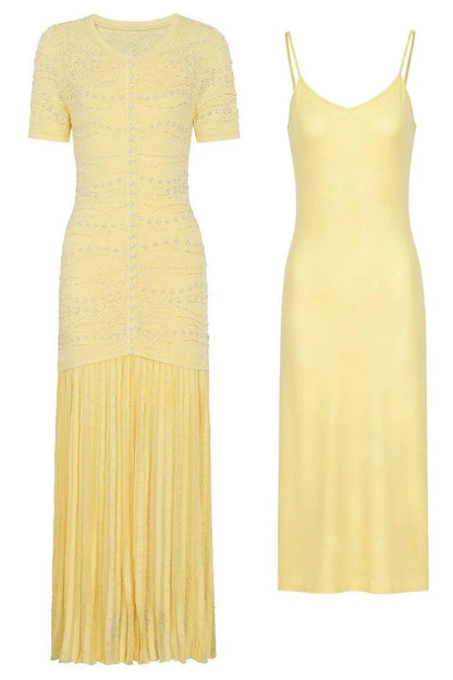 GINA Knit Pearl Embellished Pleated Maxi Dress – Elegant Beaded Gown