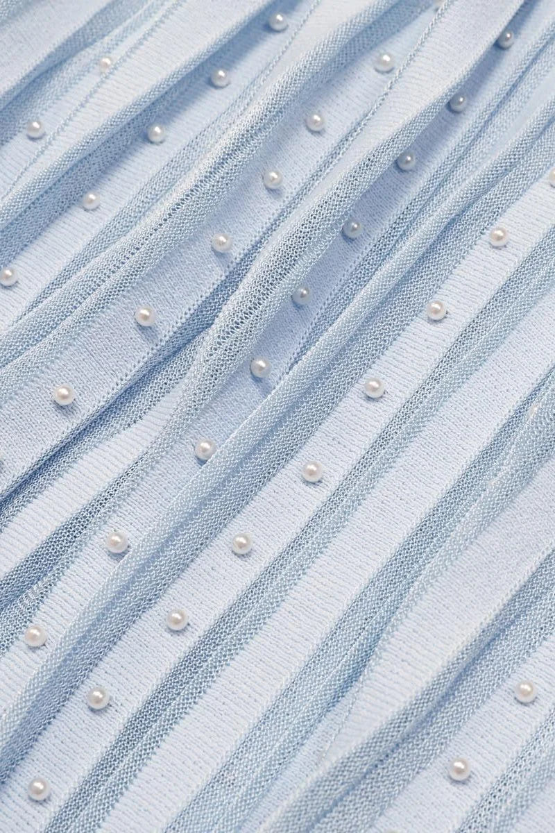 GINA Knit Pearl Embellished Pleated Maxi Dress – Elegant Beaded Gown