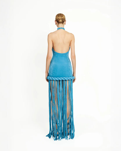 EYLUL Blue Lagoon Fringe Maxi Dress – Halter Bodycon Dress with Floor-Length Fringe