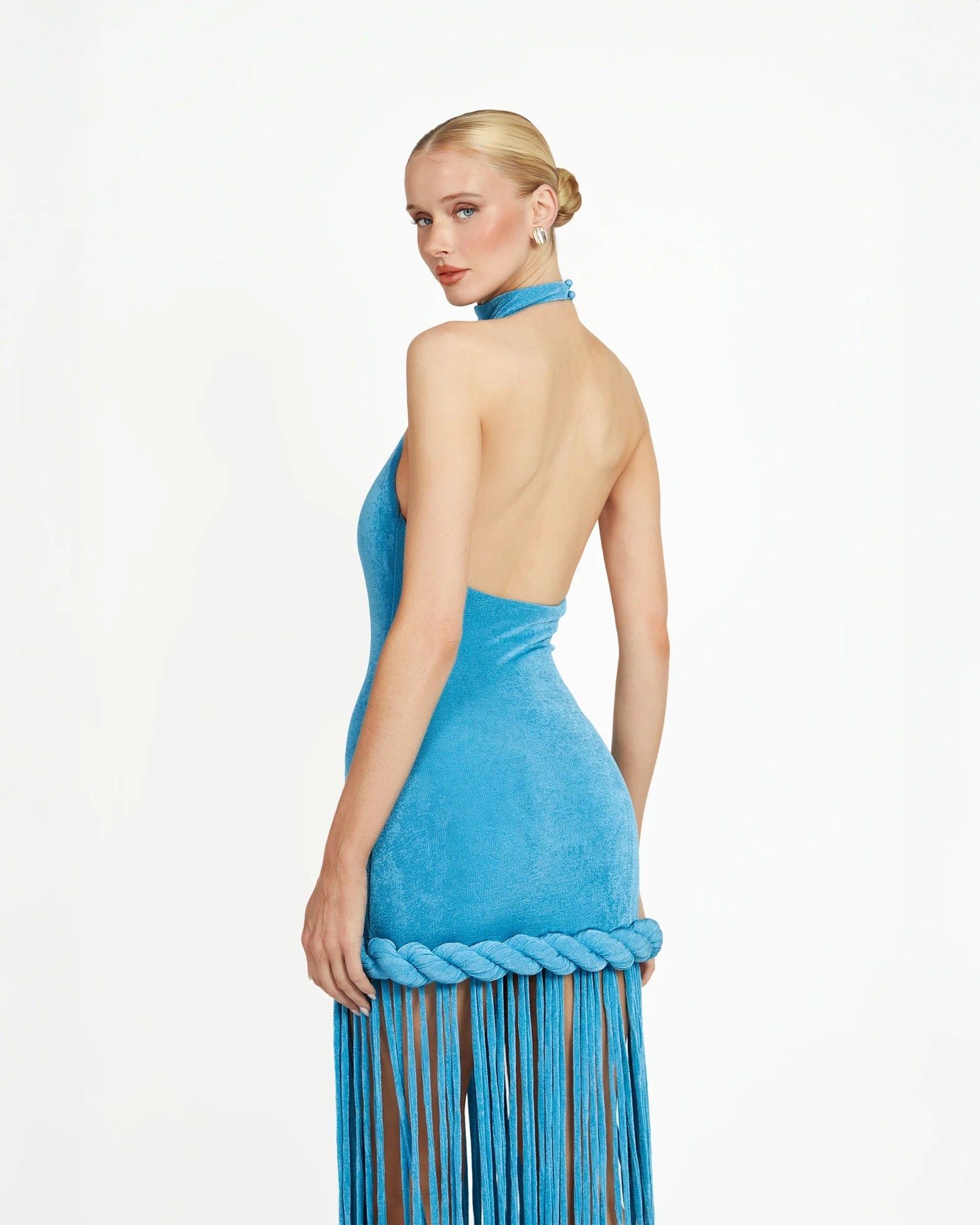 EYLUL Blue Lagoon Fringe Maxi Dress – Halter Bodycon Dress with Floor-Length Fringe