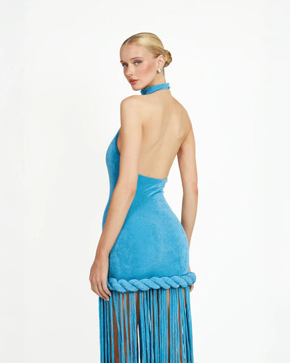 EYLUL Blue Lagoon Fringe Maxi Dress – Halter Bodycon Dress with Floor-Length Fringe