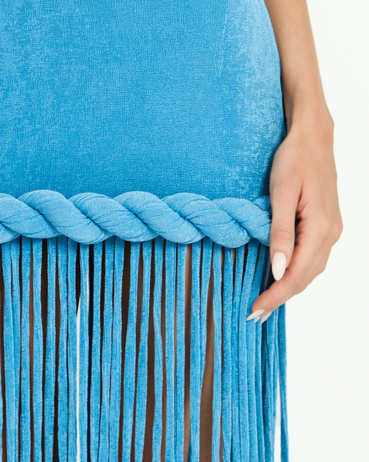 EYLUL Blue Lagoon Fringe Maxi Dress – Halter Bodycon Dress with Floor-Length Fringe