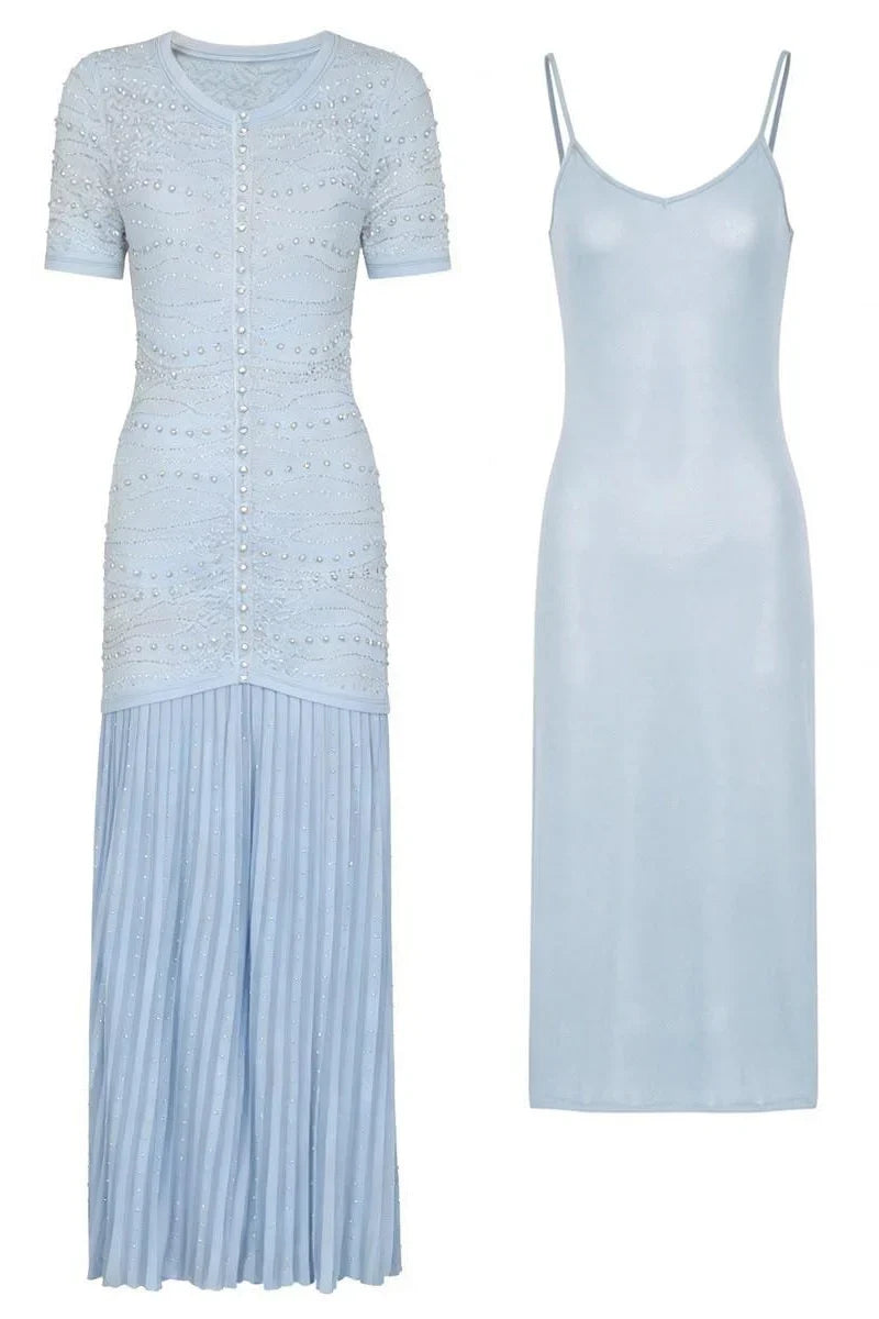 GINA Knit Pearl Embellished Pleated Maxi Dress – Elegant Beaded Gown
