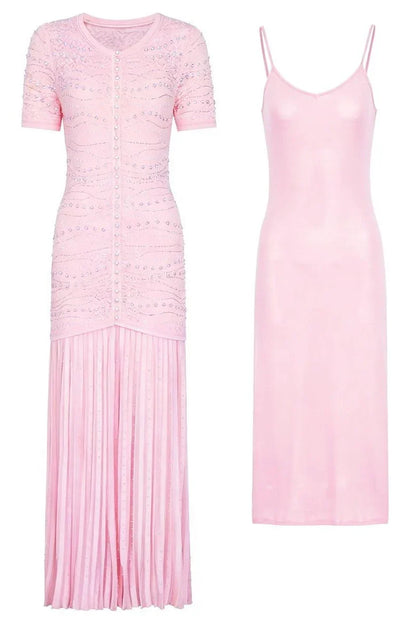 GINA Knit Pearl Embellished Pleated Maxi Dress – Elegant Beaded Gown