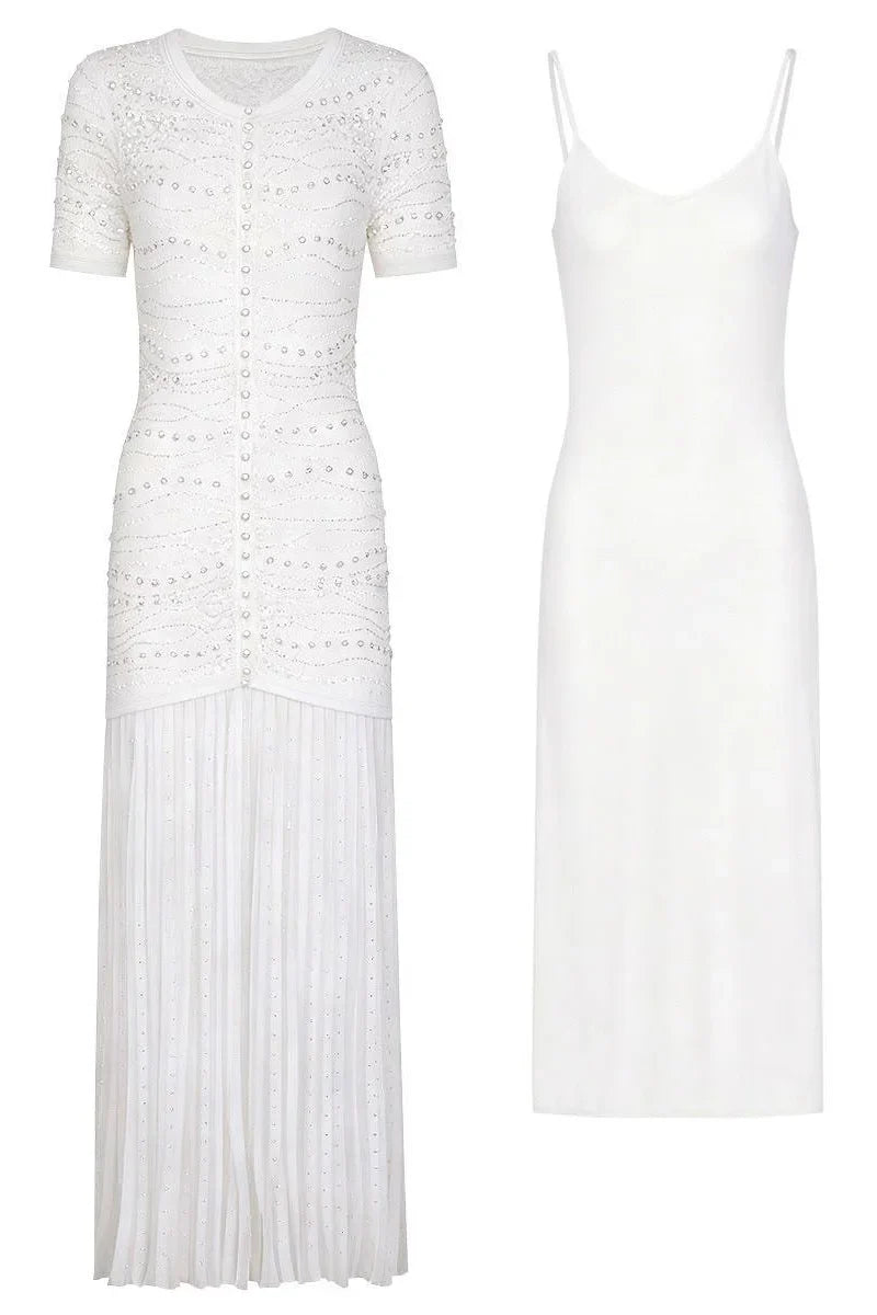 GINA Knit Pearl Embellished Pleated Maxi Dress – Elegant Beaded Gown