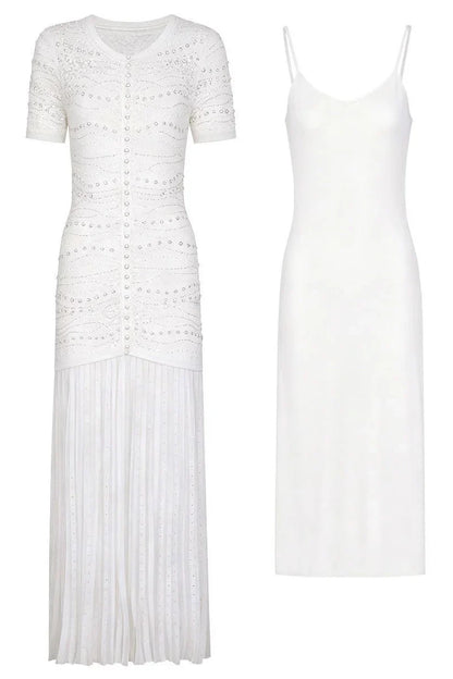 GINA Knit Pearl Embellished Pleated Maxi Dress – Elegant Beaded Gown