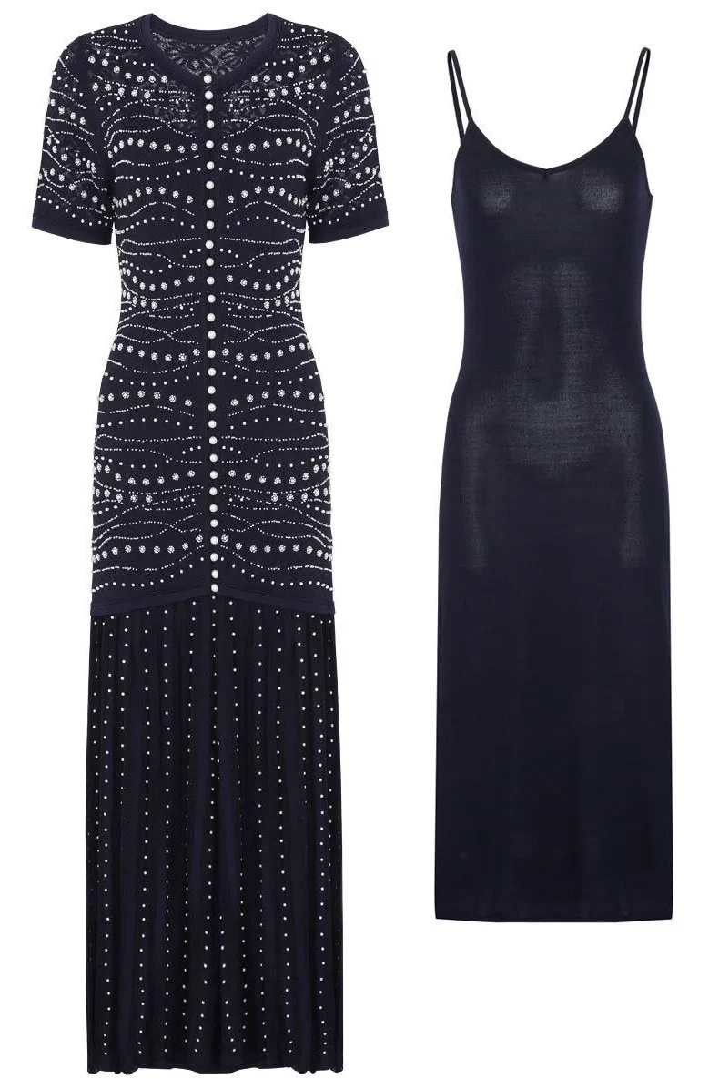 GINA Knit Pearl Embellished Pleated Maxi Dress – Elegant Beaded Gown