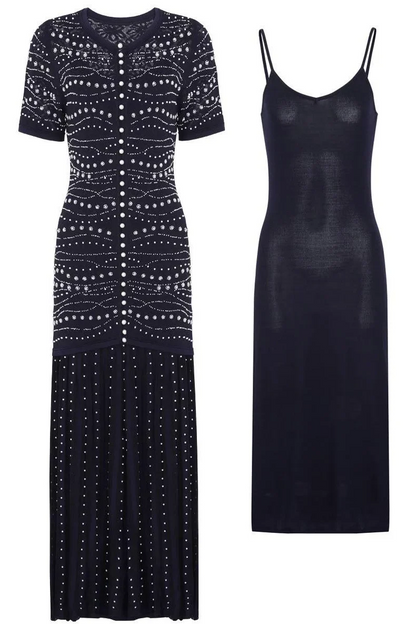 GINA Knit Pearl Embellished Pleated Maxi Dress – Elegant Beaded Gown